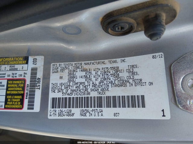 Aukcja sprzedaży 2012 Toyota Tundra Limited 5.7l V8, vin: 5TFHW5F1XCX238108, numer aukcji: 46161199