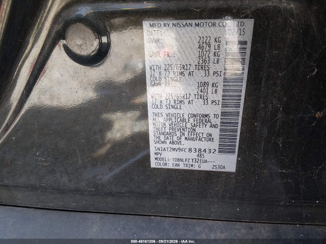 2015 Nissan Rogue S მანქანა იყიდება აუქციონზე, vin: 5N1AT2MV9FC838432, აუქციონის ნომერი: 46161206