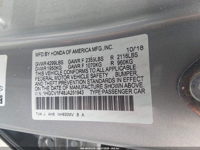 46161210 :رقم المزاد ، 1HGCV1F48JA251943 vin ، 2018 Honda Accord Ex مزاد بيع