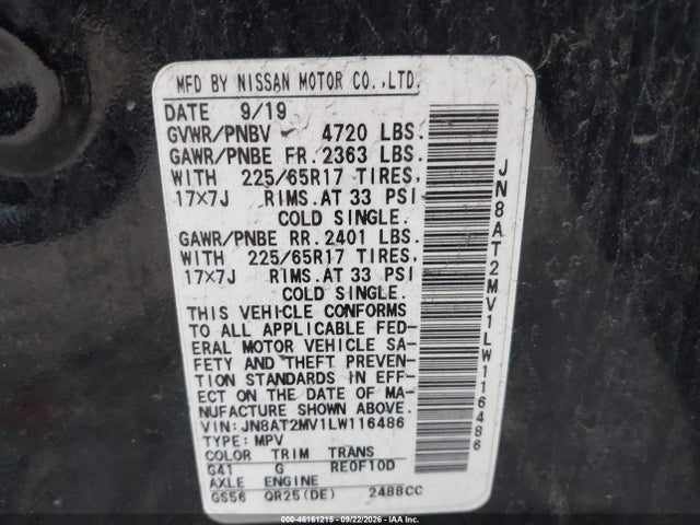 46161215 :رقم المزاد ، JN8AT2MV1LW116486 vin ، 2020 Nissan Rogue Sv Intelligent Awd مزاد بيع