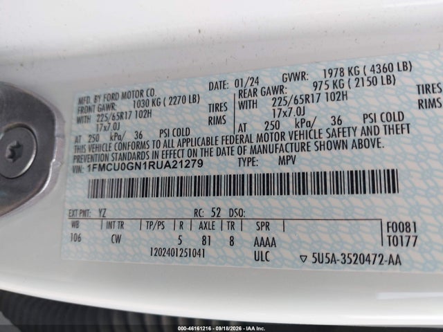 2024 Ford Escape Active მანქანა იყიდება აუქციონზე, vin: 1FMCU0GN1RUA21279, აუქციონის ნომერი: 46161216
