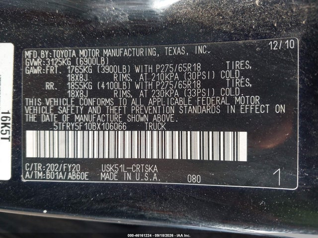 Продажа на аукционе авто 2011 Toyota Tundra Grade 5.7l V8, vin: 5TFRY5F10BX106066, номер лота: 46161224