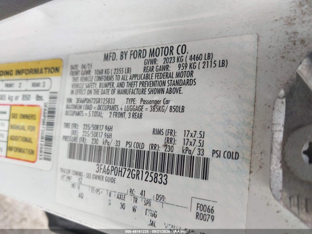 46161225 :رقم المزاد ، 3FA6P0H72GR125833 vin ، 2016 Ford Fusion Se مزاد بيع