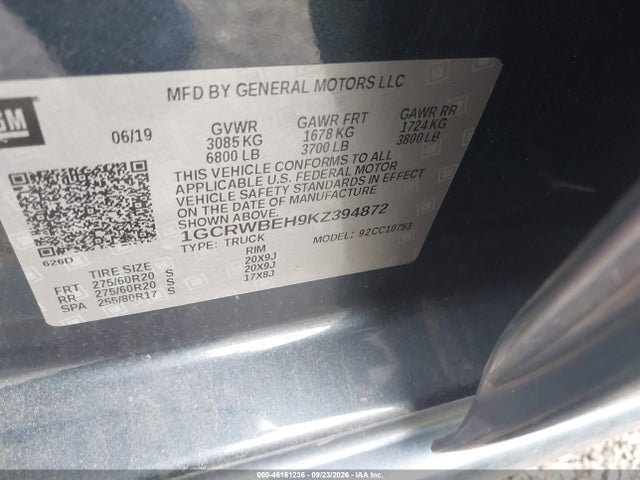 46161236 :رقم المزاد ، 1GCRWBEH9KZ394872 vin ، 2019 Chevrolet Silverado 1500 Custom مزاد بيع