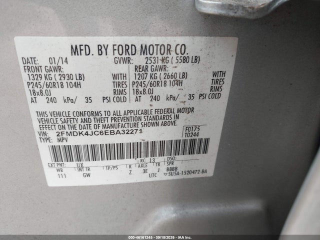 46161245 :رقم المزاد ، 2FMDK4JC6EBA32271 vin ، 2014 Ford Edge Sel مزاد بيع