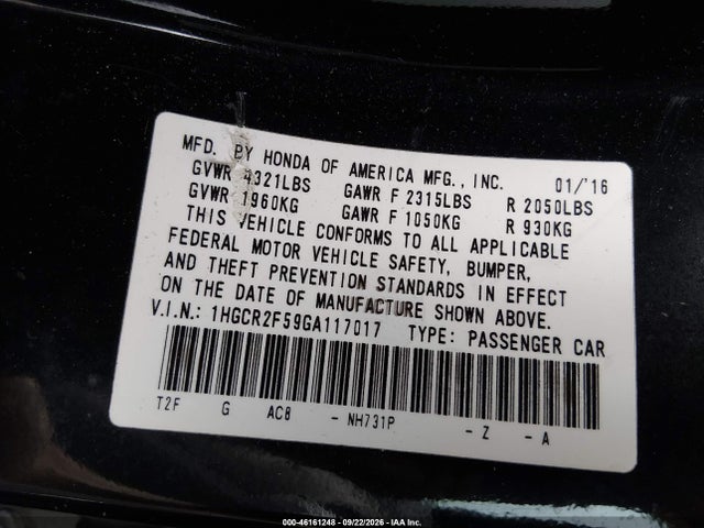 2016 Honda Accord Sport მანქანა იყიდება აუქციონზე, vin: 1HGCR2F59GA117017, აუქციონის ნომერი: 46161248
