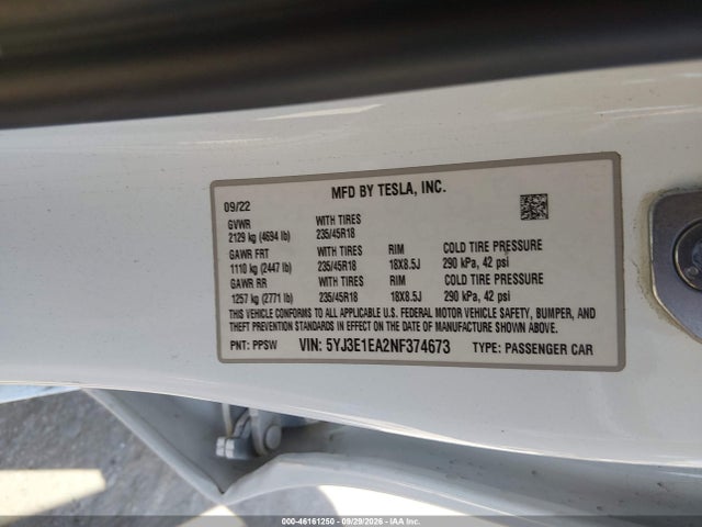 46161250 :رقم المزاد ، 5YJ3E1EA2NF374673 vin ، 2022 Tesla Model 3 Rear-wheel Drive مزاد بيع