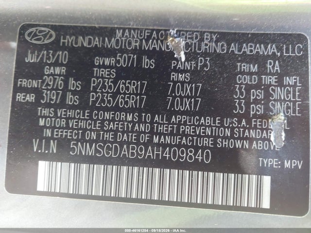 Продаж на аукціоні авто 2010 Hyundai Santa Fe Gls, vin: 5NMSGDAB9AH409840, номер лоту: 46161254