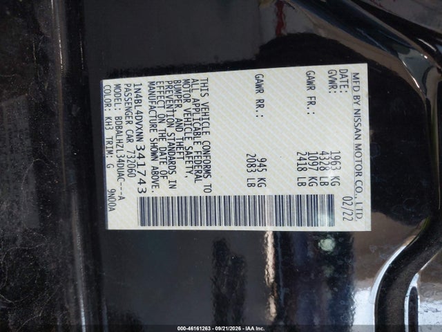 46161263 :رقم المزاد ، 1N4BL4DVXNN341743 vin ، 2022 Nissan Altima Sv Fwd مزاد بيع