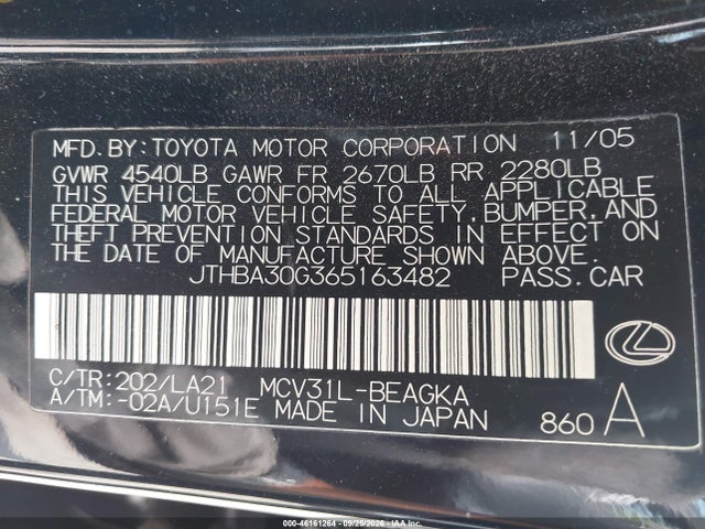 Aukcja sprzedaży 2006 Lexus Es 330, vin: JTHBA30G365163482, numer aukcji: 46161264