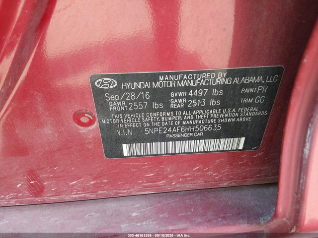 Aukcja sprzedaży 2017 Hyundai Sonata, vin: 5NPE24AF6HH506635, numer aukcji: 46161266
