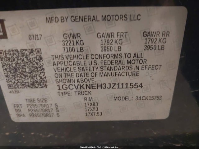 2018 Chevrolet Silverado 1500 Wt მანქანა იყიდება აუქციონზე, vin: 1GCVKNEH3JZ111554, აუქციონის ნომერი: 46161268
