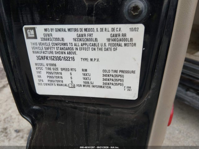 46161297 :رقم المزاد ، 3GNFK16Z93G162216 vin ، 2003 Chevrolet Suburban 1500 Lt مزاد بيع