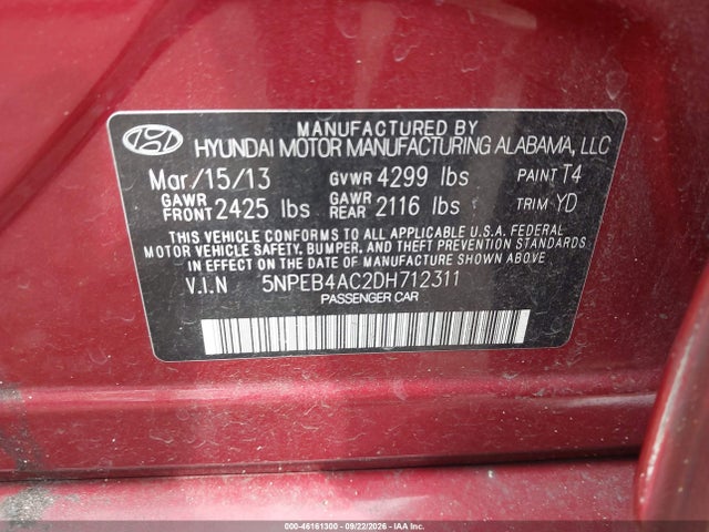 Продаж на аукціоні авто 2013 Hyundai Sonata Gls, vin: 5NPEB4AC2DH712311, номер лоту: 46161300