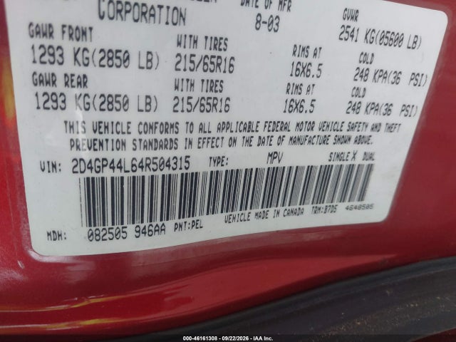 Aukcja sprzedaży 2004 Dodge Grand Caravan Sxt, vin: 2D4GP44L64R504315, numer aukcji: 46161308