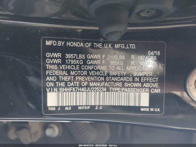 Продаж на аукціоні авто 2018 Honda Civic Sport, vin: SHHFK7H40JU225234, номер лоту: 46161316
