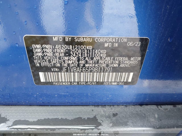 Продаж на аукціоні авто 2023 Subaru Wrx Premium, vin: JF1VBAF65P9811791, номер лоту: 46161317