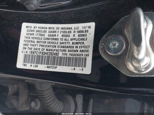 46161330 :رقم المزاد ، 19XFC1F93HE202492 vin ، 2017 Honda Civic Touring مزاد بيع