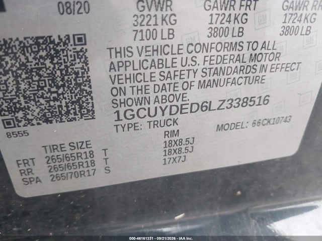 46161331 :رقم المزاد ، 1GCUYDED6LZ338516 vin ، 2020 Chevrolet Silverado 1500 4wd  Standard Bed Lt مزاد بيع