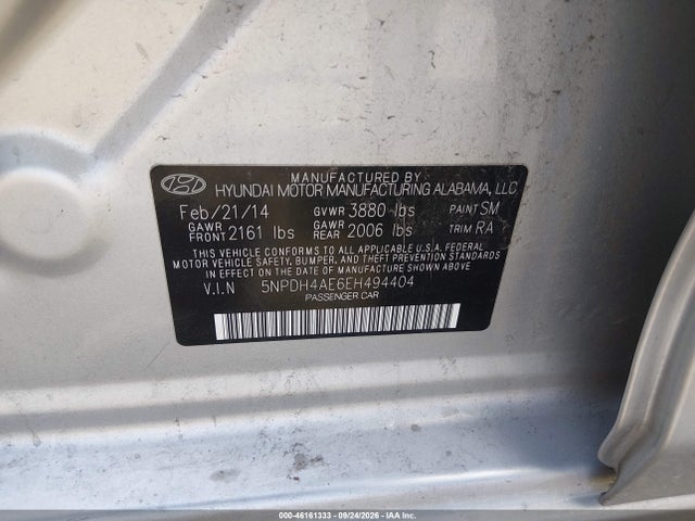 2014 Hyundai Elantra Se მანქანა იყიდება აუქციონზე, vin: 5NPDH4AE6EH494404, აუქციონის ნომერი: 46161333