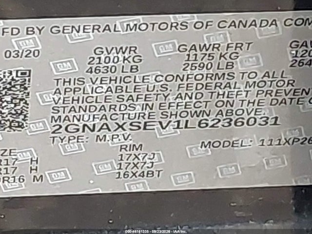 46161335 :رقم المزاد ، 2GNAXSEV1L6236031 vin ، 2020 Chevrolet Equinox Awd Ls مزاد بيع