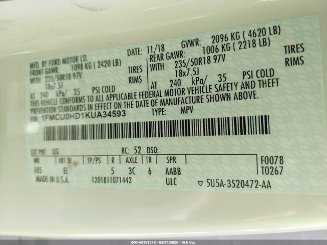 Продаж на аукціоні авто 2019 Ford Escape Sel, vin: 1FMCU0HD1KUA34593, номер лоту: 46161349