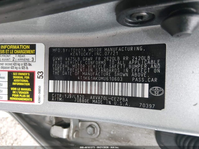 Aukcja sprzedaży 2021 Toyota Camry Xse, vin: 4T1K61AK0MU610603, numer aukcji: 46161373
