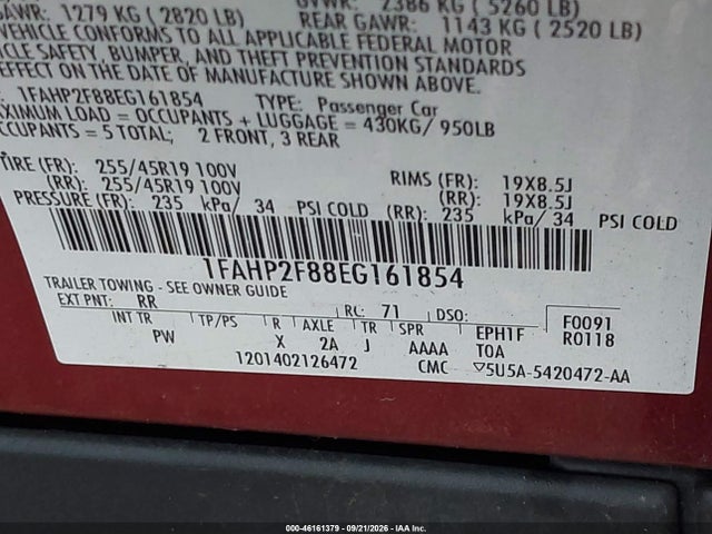 2014 Ford Taurus Limited მანქანა იყიდება აუქციონზე, vin: 1FAHP2F88EG161854, აუქციონის ნომერი: 46161379