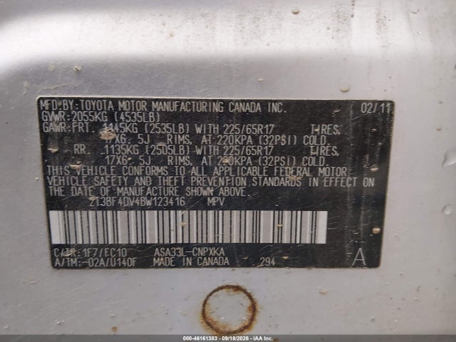 46161383 :رقم المزاد ، 2T3BF4DV4BW123416 vin ، 2011 Toyota Rav4 مزاد بيع