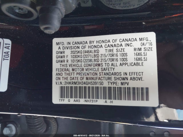 46161412 :رقم المزاد ، 2HKRM3H34GH539150 vin ، 2016 Honda Cr-v Lx مزاد بيع