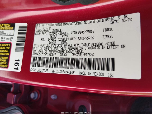 46161417 :رقم المزاد ، 3TMAZ5CN7NM178247 vin ، 2022 Toyota Tacoma Sr5 V6 مزاد بيع
