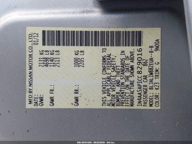 Продаж на аукціоні авто 2012 Nissan Maxima 3.5 Sv, vin: 1N4AA5AP1CC829016, номер лоту: 46161426