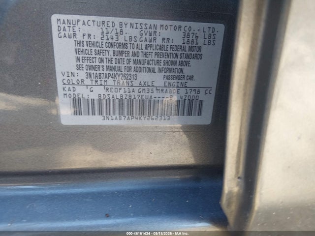 Продажа на аукционе авто 2019 Nissan Sentra S, vin: 3N1AB7AP4KY262313, номер лота: 46161434