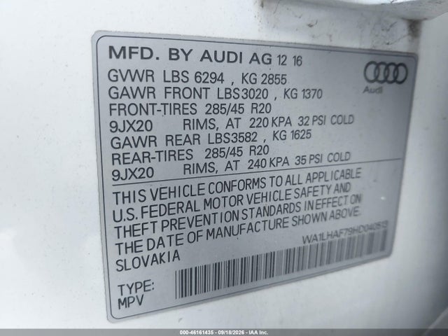 Продаж на аукціоні авто 2017 Audi Q7 2.0t Premium, vin: WA1LHAF79HD040513, номер лоту: 46161435