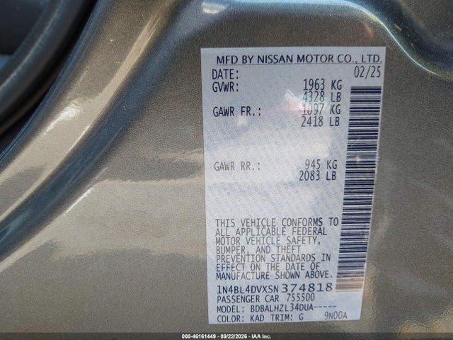 46161449 :رقم المزاد ، 1N4BL4DVXSN374818 vin ، 2025 Nissan Altima Sv Fwd مزاد بيع