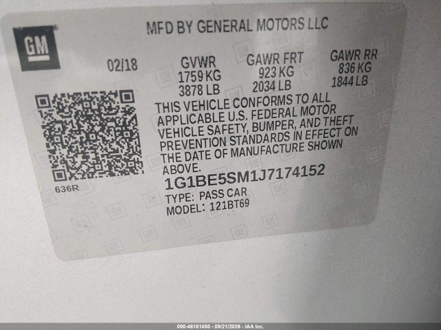 Продаж на аукціоні авто 2018 Chevrolet Cruze Lt Auto, vin: 1G1BE5SM1J7174152, номер лоту: 46161450