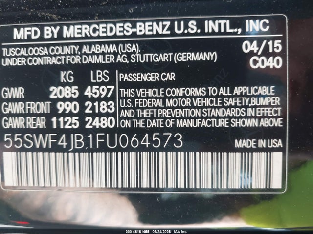 Aukcja sprzedaży 2015 Mercedes-benz C 300, vin: 55SWF4JB1FU064573, numer aukcji: 46161455