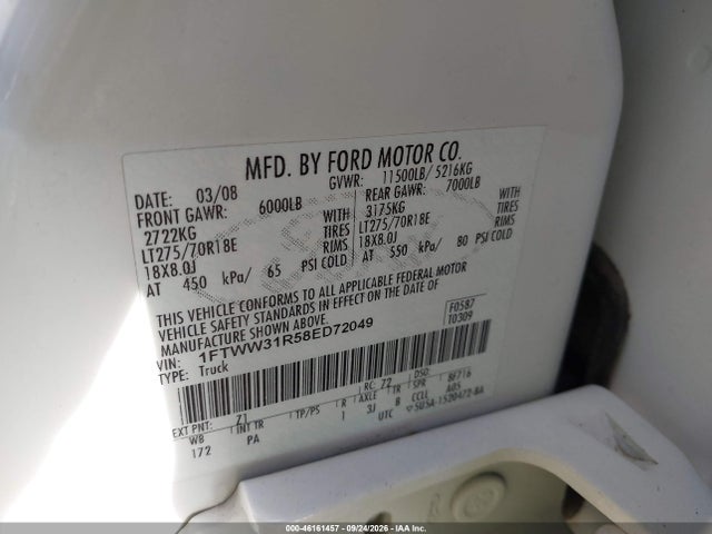 Aukcja sprzedaży 2008 Ford F-350 Fx4/harley-davidson/king Ranch/lariat/xl/xlt, vin: 1FTWW31R58ED72049, numer aukcji: 46161457