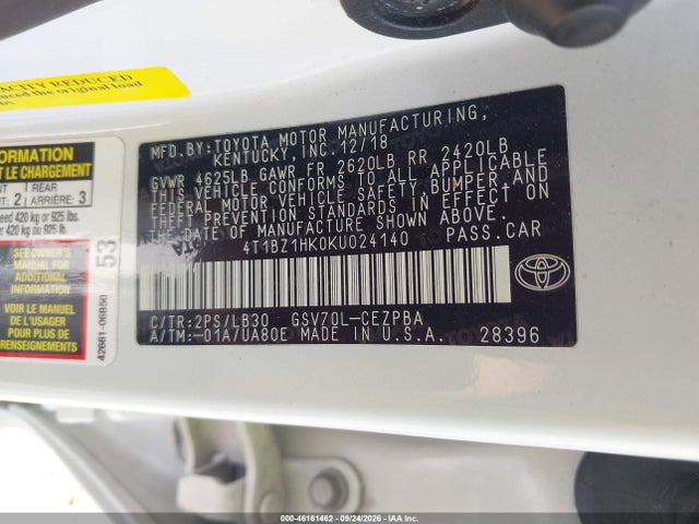 Aukcja sprzedaży 2019 Toyota Camry Xse V6, vin: 4T1BZ1HK0KU024140, numer aukcji: 46161462