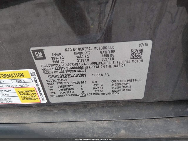 46161465 :رقم المزاد ، 1GNKVGKD2GJ131381 vin ، 2016 Chevrolet Traverse 1lt مزاد بيع
