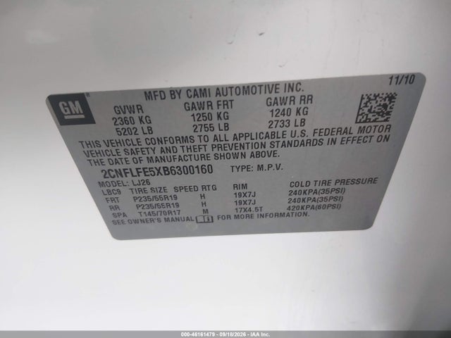 46161479 :رقم المزاد ، 2CNFLFE5XB6300160 vin ، 2011 Chevrolet Equinox Ltz مزاد بيع