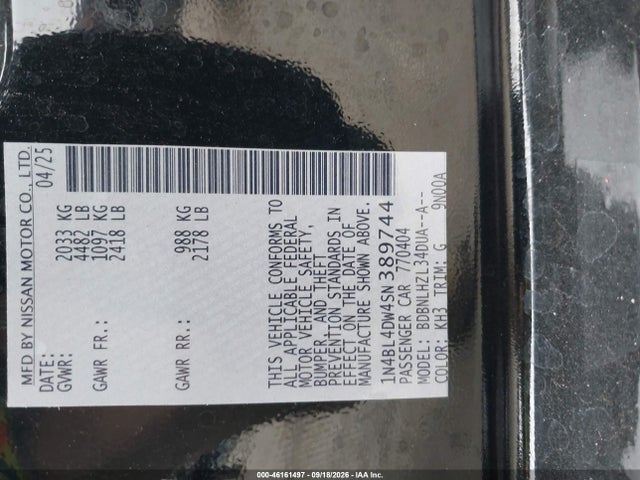46161497 :رقم المزاد ، 1N4BL4DW4SN389744 vin ، 2025 Nissan Altima Sv Awd مزاد بيع
