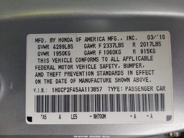 Aukcja sprzedaży 2010 Honda Accord 2.4 Lx-p, vin: 1HGCP2F45AA113857, numer aukcji: 46161499