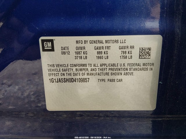 Aukcja sprzedaży 2013 Chevrolet Sonic Ls Auto, vin: 1G1JA5SH0D4109857, numer aukcji: 46161500
