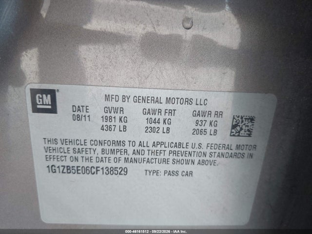 Aukcja sprzedaży 2012 Chevrolet Malibu Ls, vin: 1G1ZB5E06CF138529, numer aukcji: 46161512