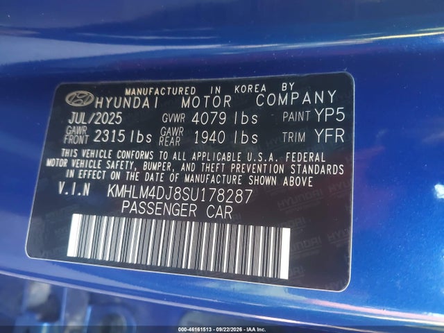 46161513 :رقم المزاد ، KMHLM4DJ8SU178287 vin ، 2025 Hyundai Elantra Hybrid Blue مزاد بيع