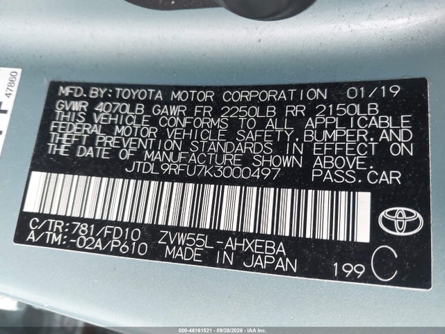 Продажа на аукционе авто 2019 Toyota Prius Le, vin: JTDL9RFU7K3000497, номер лота: 46161521