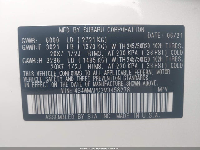 Subaru Ascent Limited 2021 4S4WMAPD2M3458278 Image 9