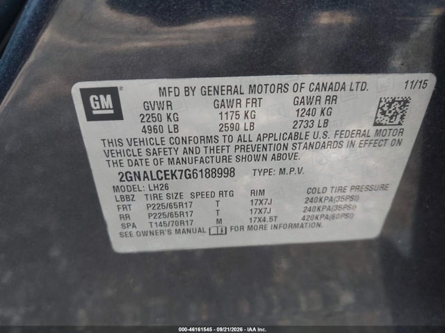 46161545 :رقم المزاد ، 2GNALCEK7G6188998 vin ، 2016 Chevrolet Equinox Lt مزاد بيع