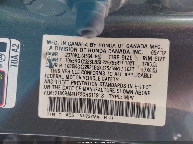 Продажа на аукционе авто 2012 Honda Cr-v Ex-l, vin: 2HKRM4H72CH611918, номер лота: 46161552